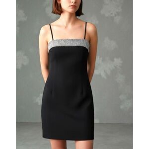 LBV. Women's Crepe Cocktail Crystal Mesh Trim Spaghetti Strap Dress Sz 0 NWT 154